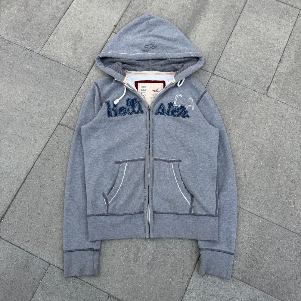 Hollister Mens Gray Full Zip Hoodie Applique Logo Graphic Sweatshirt Size M